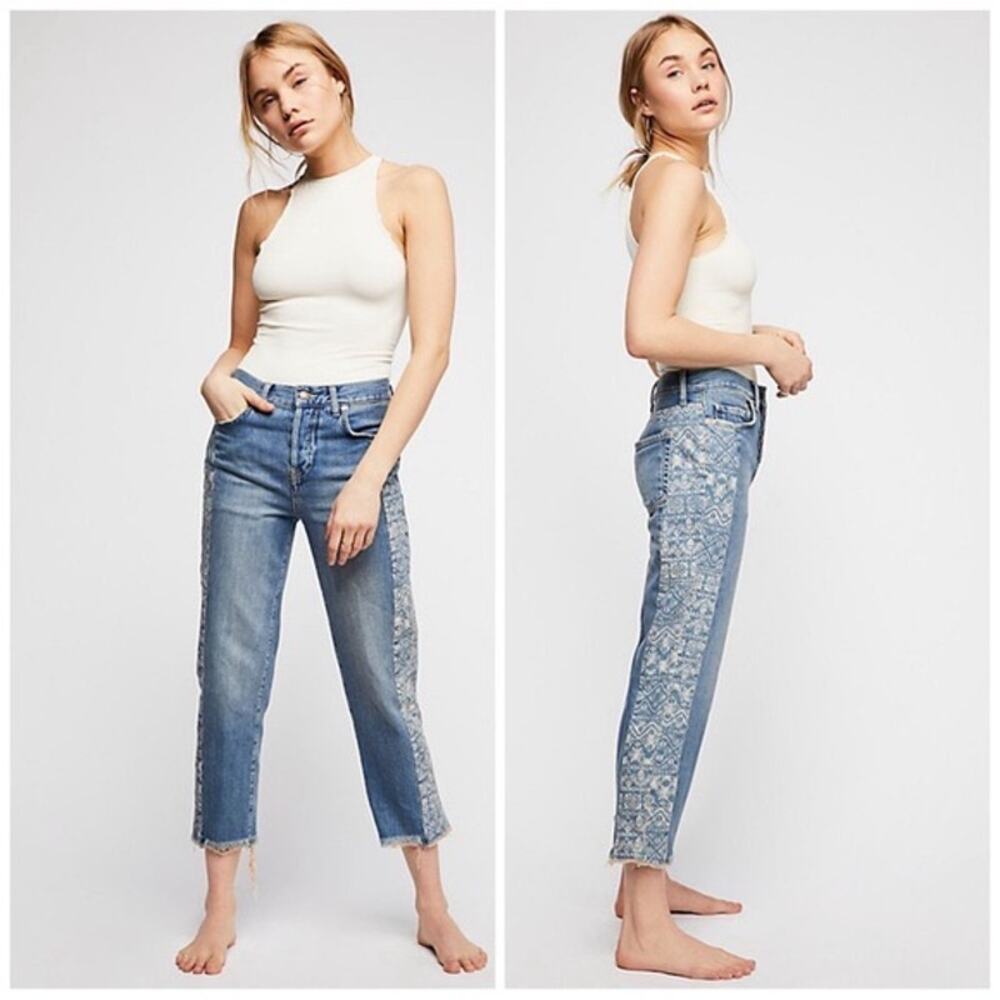 NWT Free People Aztec Print Jeans Medium Wash High Rise Ankle Frayed Women's 27